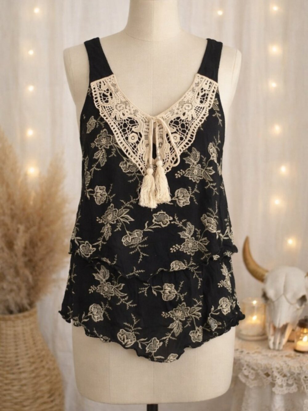 Minimi Embroidered Lace Yoke Tiered Top Shirt S Boho Cottagecore Festival Black